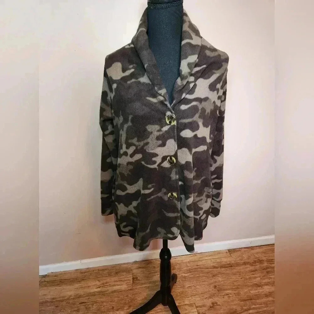 Cuddl Duds Fleecewear Bonded Sherpa Button‎ Front Jacket Olive Camo Womens Small